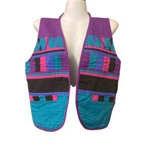 Reversible Vest Tibet Nepal Small Ethnic 100% Cotton Colorful Fabric Pockets VGC